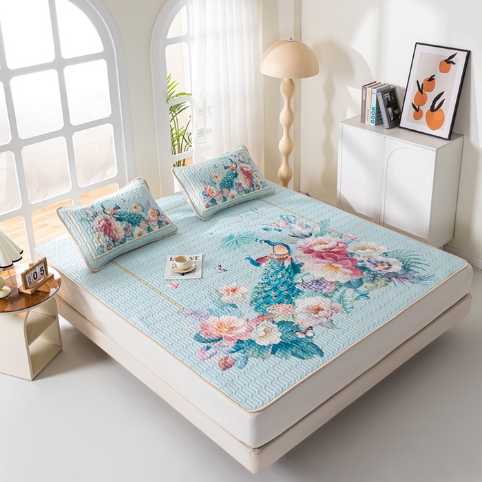 91家纺网 家纺一手货源 找家纺 美丽折家纺 2026新款0.6厚乳胶凉席印花系列 雀舞轻扬