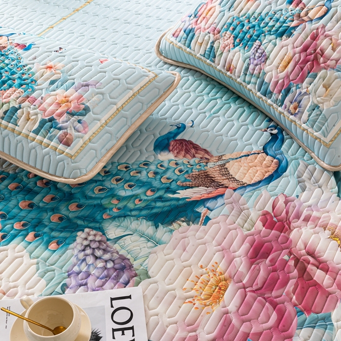 91家纺网 家纺一手货源 找家纺 美丽折家纺 2026新款0.6厚乳胶凉席印花系列 雀舞轻扬