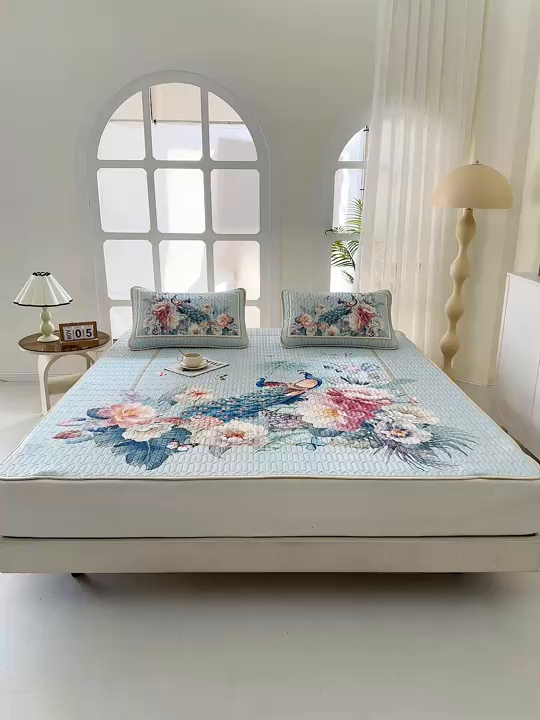 91家纺网 家纺一手货源 找家纺 美丽折家纺 2026新款0.6厚乳胶凉席印花系列 雀舞轻扬