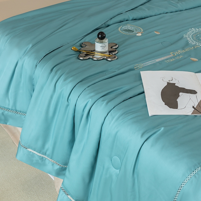 91家纺网 家纺一手货源 找家纺 太阳羽家纺 2026新款60支天丝提花镂空夏被夏凉被空调被冰豆系列 冰豆-海洋蓝