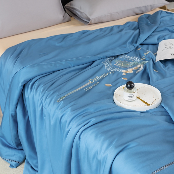 91家纺网 家纺一手货源 找家纺 太阳羽家纺 2026新款60支天丝提花镂空夏被夏凉被空调被冰豆系列 冰豆-天空蓝