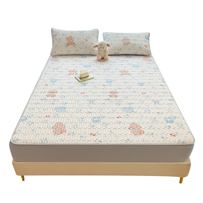 91家纺网 家纺一手货源 找家纺 丝羽坊 2026新款高密凉感丝印花乳胶凉席-床笠款 浅蓝熊趣