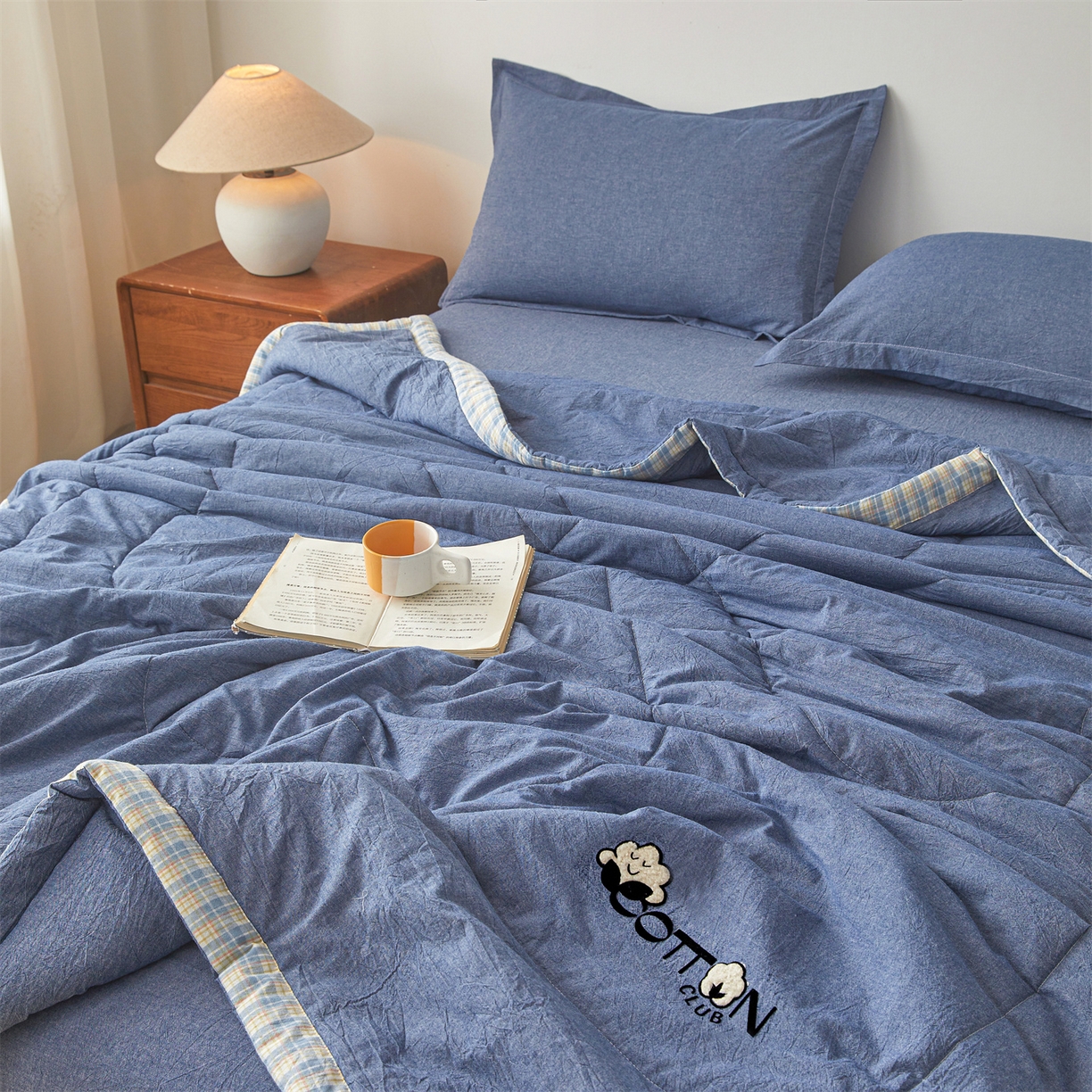 91家纺网 家纺一手货源 找家纺 2026新款A类里外全棉夏凉被100%新疆棉纯棉全棉填充烫画款空调被夏被 全棉烫画-海洋蓝