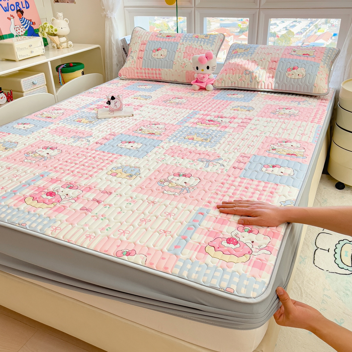 丝羽坊 2026新款高密凉感丝印花乳胶凉席-床笠款 糖果猫咪