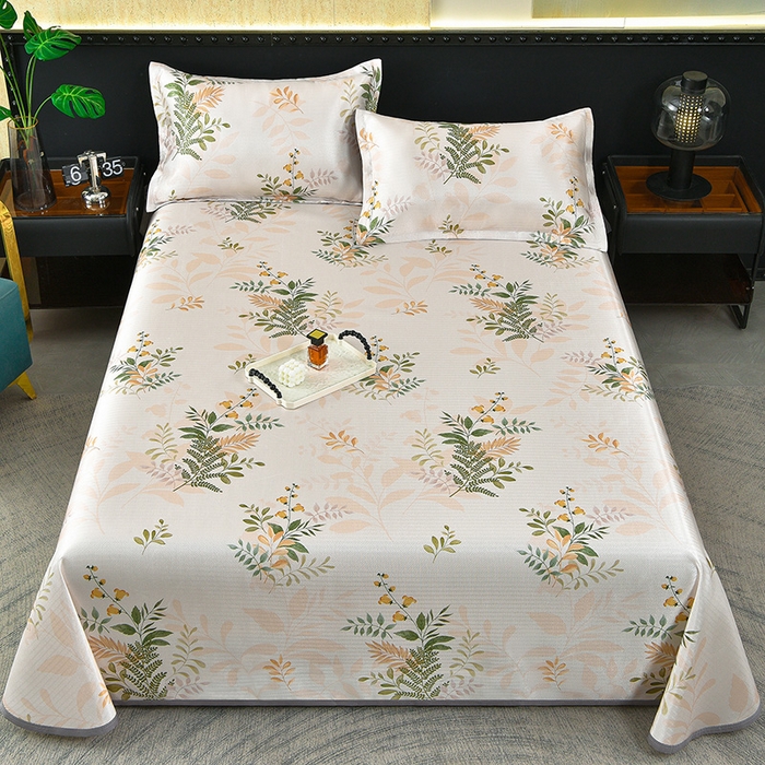 念家居 2026新款轻奢可机洗水洗床单款高密大版斜纹冰丝凉席三件套 浅绿繁花