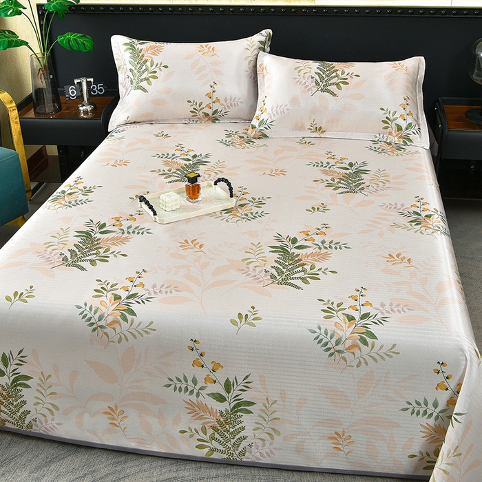 91家纺网 家纺一手货源 找家纺 念家居 2026新款轻奢可机洗水洗床单款高密大版斜纹冰丝凉席三件套 浅绿繁花