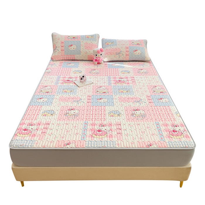 91家纺网 家纺一手货源 找家纺 丝羽坊 2026新款高密凉感丝印花乳胶凉席-床笠款 糖果猫咪