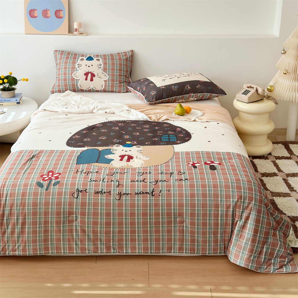 朵希曼 2026年牛奶针织棉大版卡通夏被夏凉被空调被 格纹喵屋