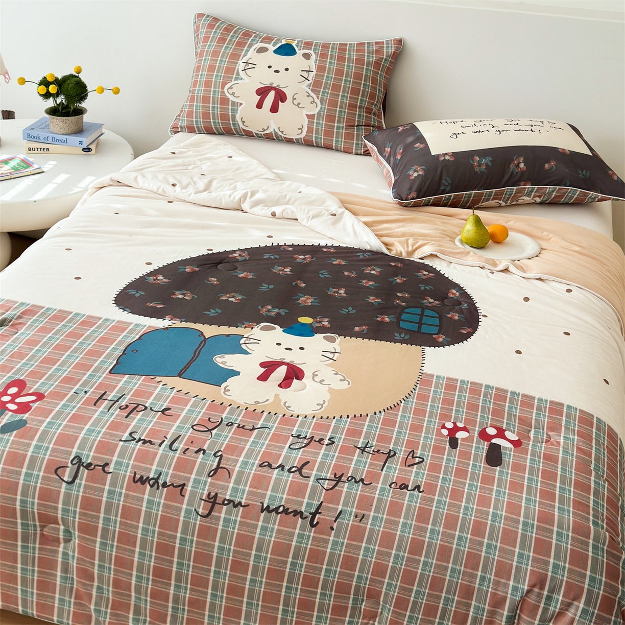 91家纺网 家纺一手货源 找家纺 朵希曼 2026年牛奶针织棉大版卡通夏被夏凉被空调被 格纹喵屋