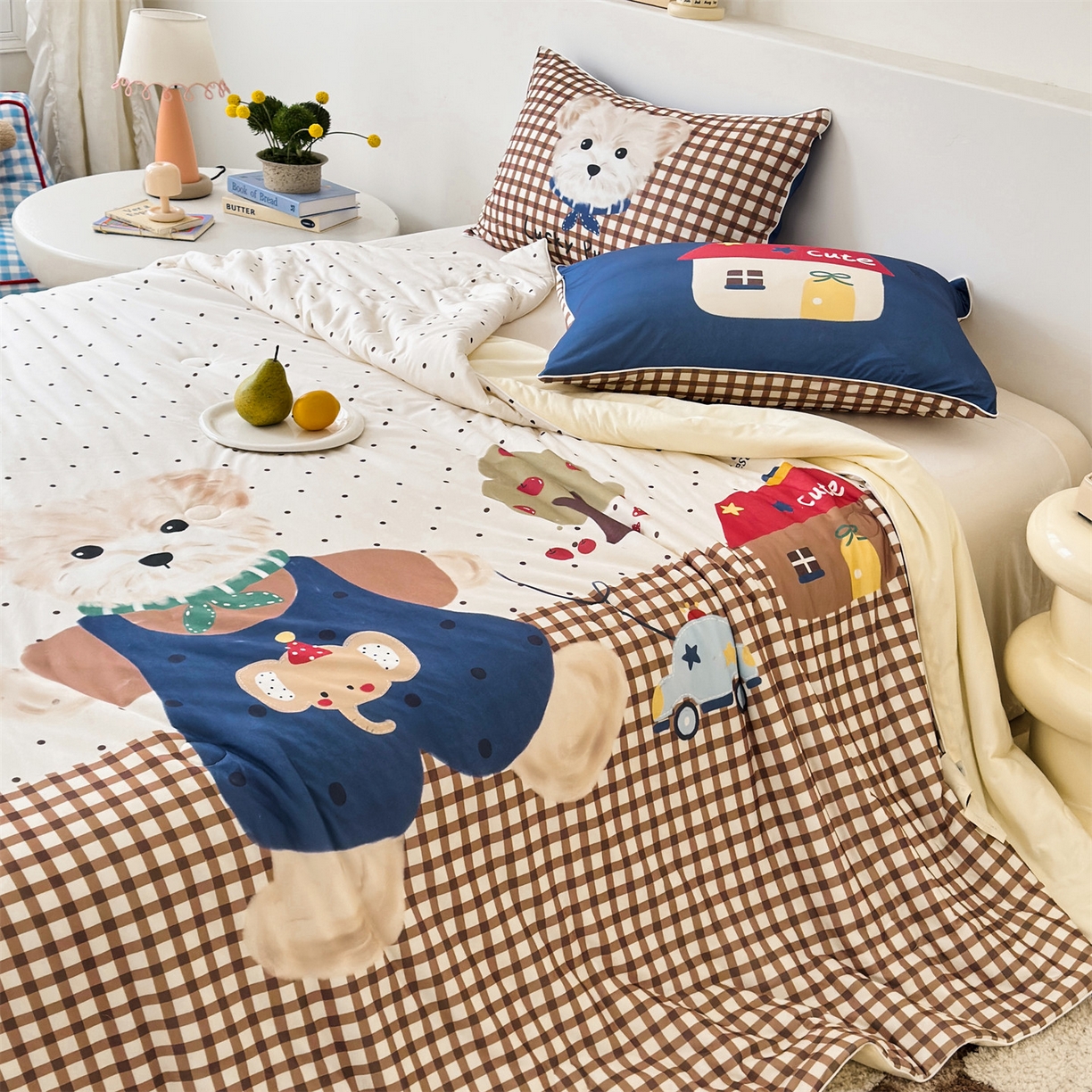 91家纺网 家纺一手货源 找家纺 朵希曼 2026年牛奶针织棉大版卡通夏被夏凉被空调被 萌犬小镇