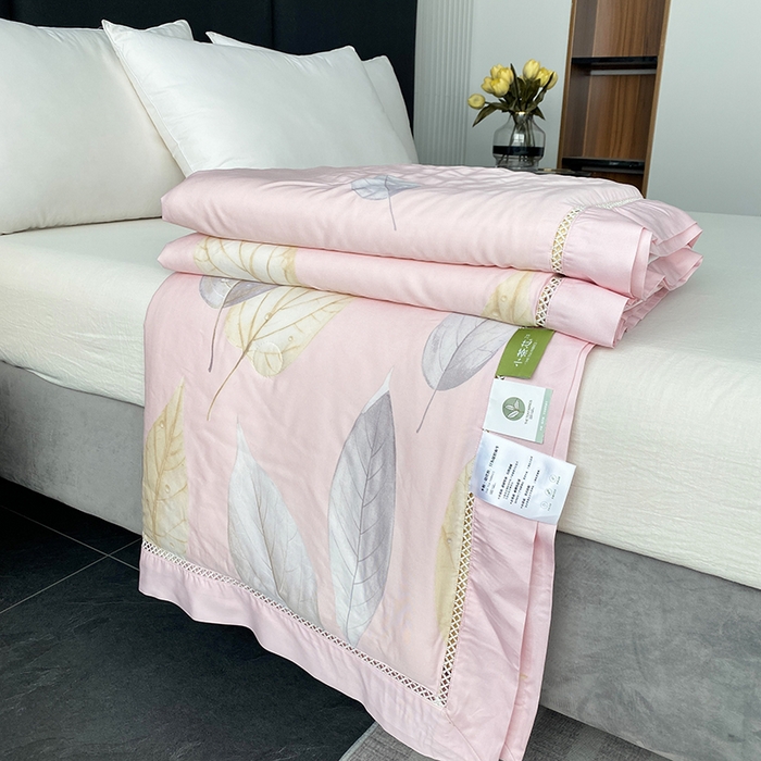 91家纺网 家纺一手货源 找家纺 太阳羽家纺 2026新款铂金莱赛尔天丝印花夏凉被镂空花边空调被夏被 玲珑叶