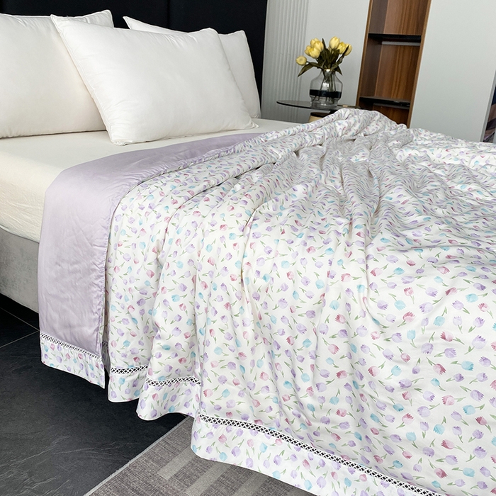 91家纺网 家纺一手货源 找家纺 太阳羽家纺 2026新款铂金莱赛尔天丝印花夏凉被镂空花边空调被夏被 曼琳米