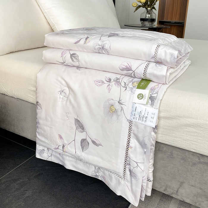 91家纺网 家纺一手货源 找家纺 太阳羽家纺 2026新款铂金莱赛尔天丝印花夏凉被镂空花边空调被夏被 曼歌雅韵