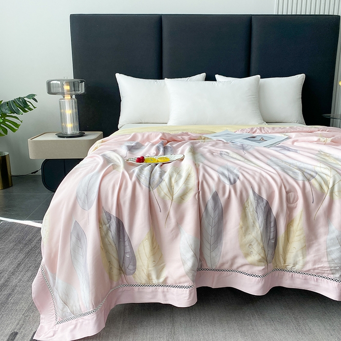 91家纺网 家纺一手货源 找家纺 太阳羽家纺 2026新款铂金莱赛尔天丝印花夏凉被镂空花边空调被夏被 玲珑叶