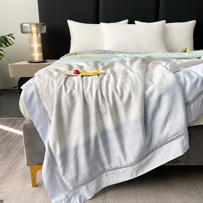 91家纺网 家纺一手货源 找家纺 太阳羽家纺 2026新款铂金莱赛尔天丝印花夏凉被镂空花边空调被夏被 可夏