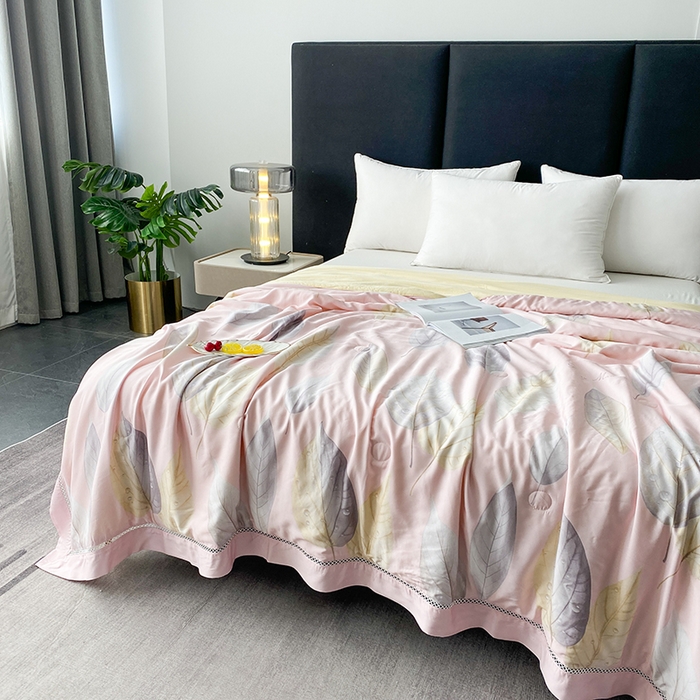 91家纺网 家纺一手货源 找家纺 太阳羽家纺 2026新款铂金莱赛尔天丝印花夏凉被镂空花边空调被夏被 玲珑叶