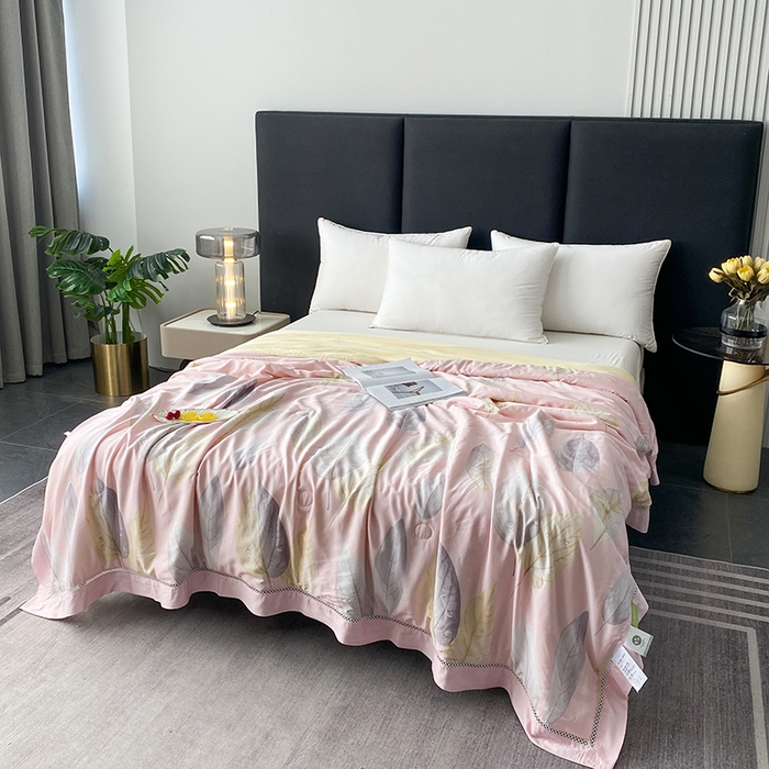 91家纺网 家纺一手货源 找家纺 太阳羽家纺 2026新款铂金莱赛尔天丝印花夏凉被镂空花边空调被夏被 玲珑叶