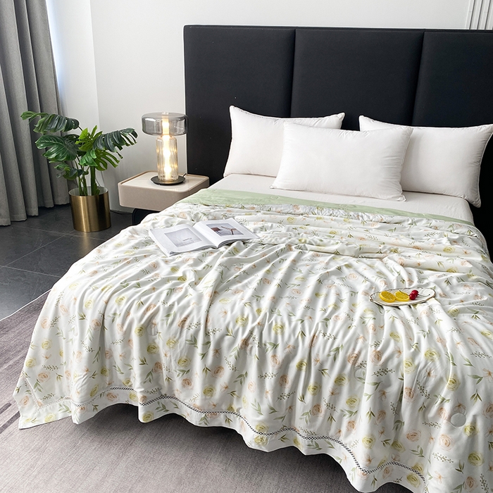 91家纺网 家纺一手货源 找家纺 太阳羽家纺 2026新款铂金莱赛尔天丝印花夏凉被镂空花边空调被夏被 伊甸园