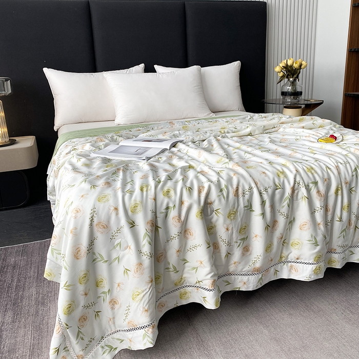 91家纺网 家纺一手货源 找家纺 太阳羽家纺 2026新款铂金莱赛尔天丝印花夏凉被镂空花边空调被夏被 伊甸园