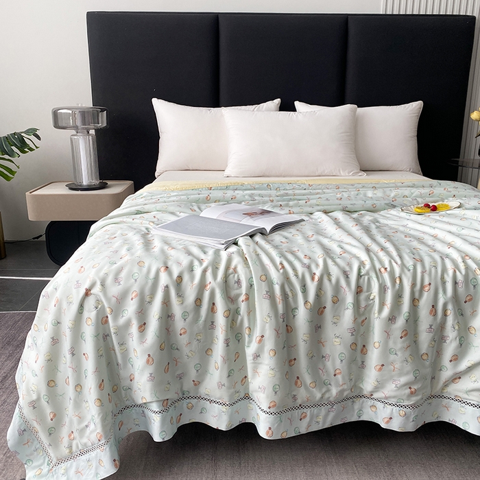 91家纺网 家纺一手货源 找家纺 太阳羽家纺 2026新款铂金莱赛尔天丝印花夏凉被镂空花边空调被夏被 夕颜若雪