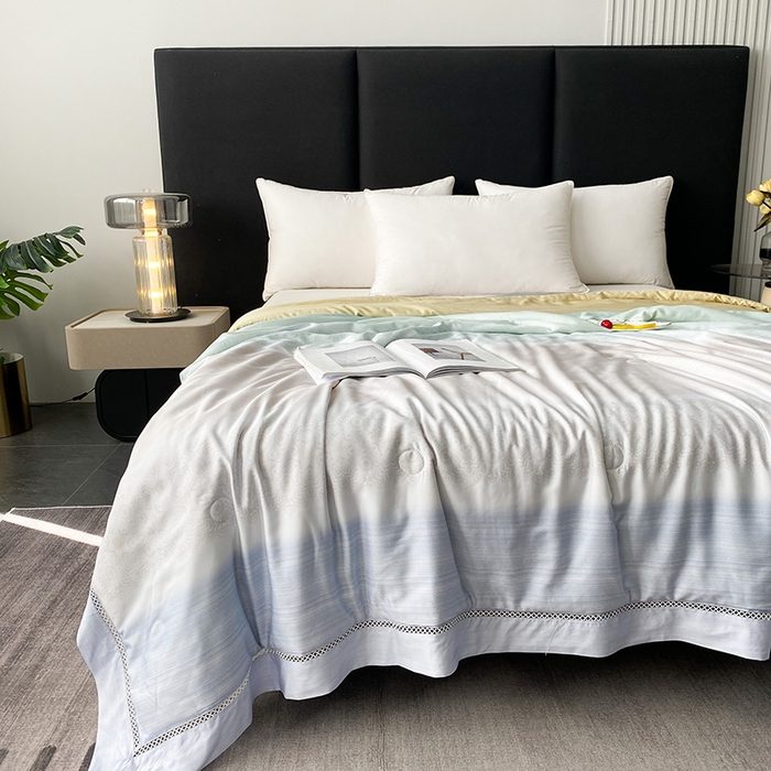 91家纺网 家纺一手货源 找家纺 太阳羽家纺 2026新款铂金莱赛尔天丝印花夏凉被镂空花边空调被夏被 可夏