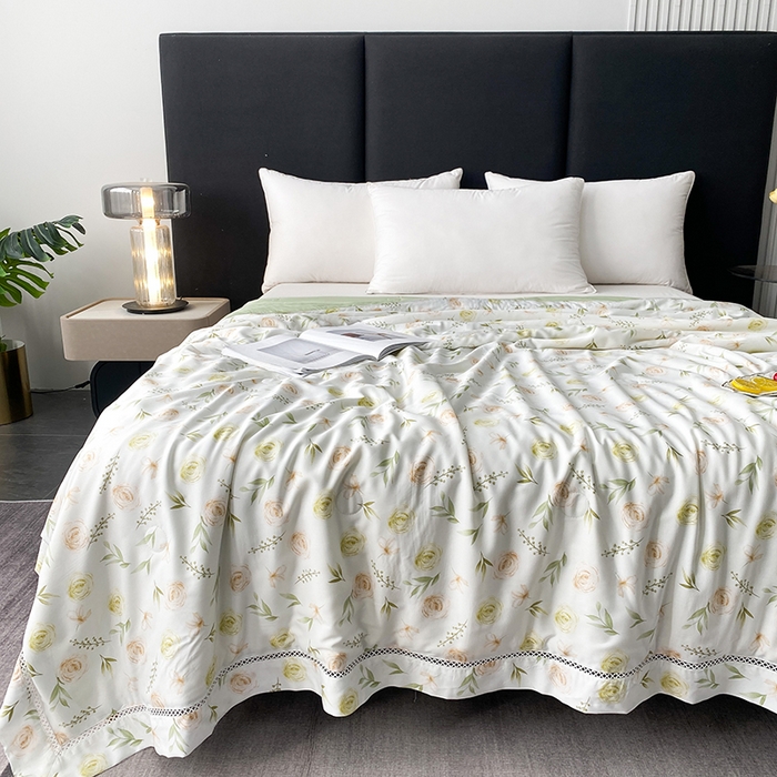 91家纺网 家纺一手货源 找家纺 太阳羽家纺 2026新款铂金莱赛尔天丝印花夏凉被镂空花边空调被夏被 伊甸园