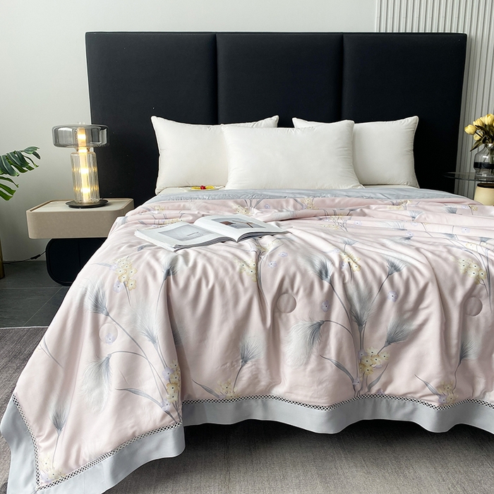 91家纺网 家纺一手货源 找家纺 太阳羽家纺 2026新款铂金莱赛尔天丝印花夏凉被镂空花边空调被夏被 叶叶情丝