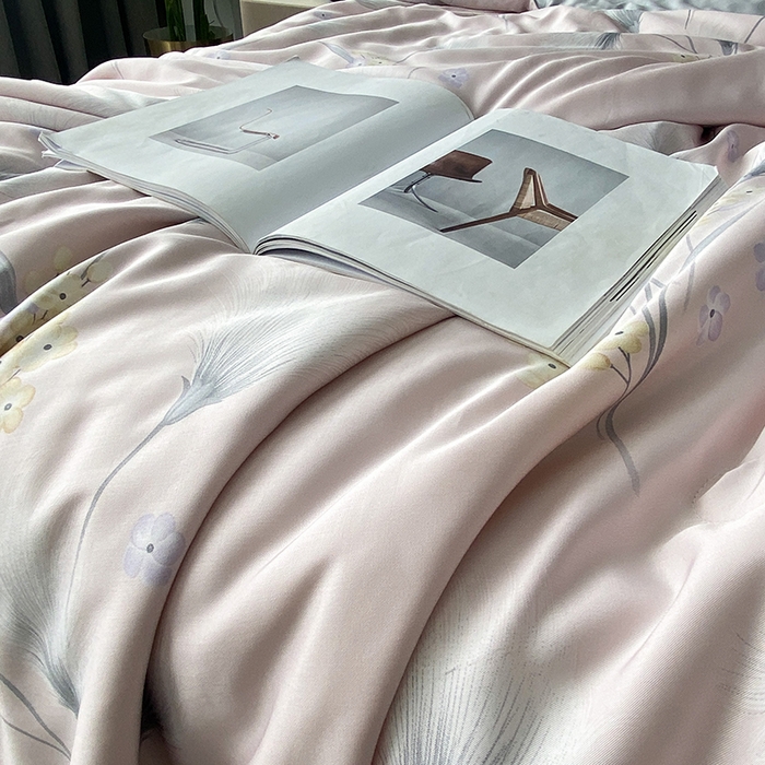 91家纺网 家纺一手货源 找家纺 太阳羽家纺 2026新款铂金莱赛尔天丝印花夏凉被镂空花边空调被夏被 叶叶情丝