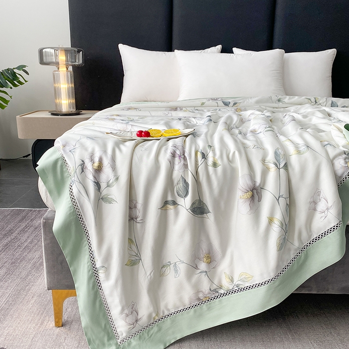 91家纺网 家纺一手货源 找家纺 太阳羽家纺 2026新款铂金莱赛尔天丝印花夏凉被镂空花边空调被夏被 艾美