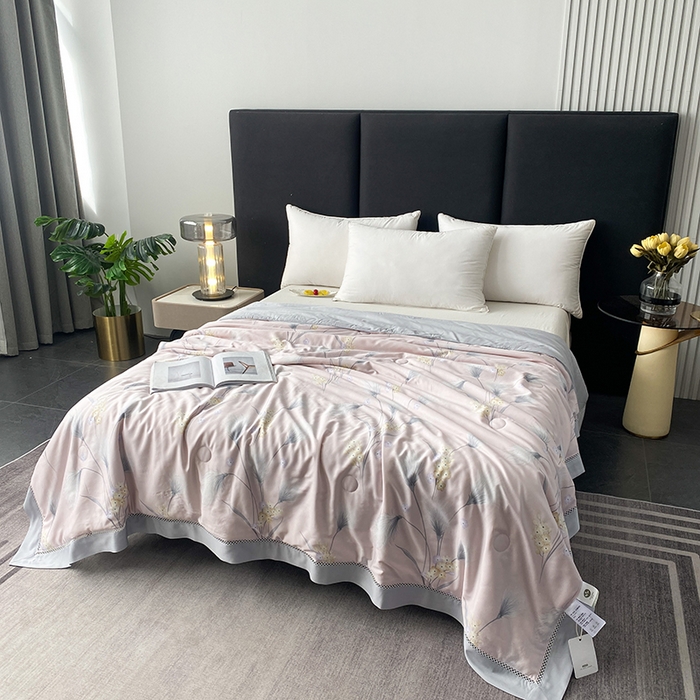 91家纺网 家纺一手货源 找家纺 太阳羽家纺 2026新款铂金莱赛尔天丝印花夏凉被镂空花边空调被夏被 叶叶情丝