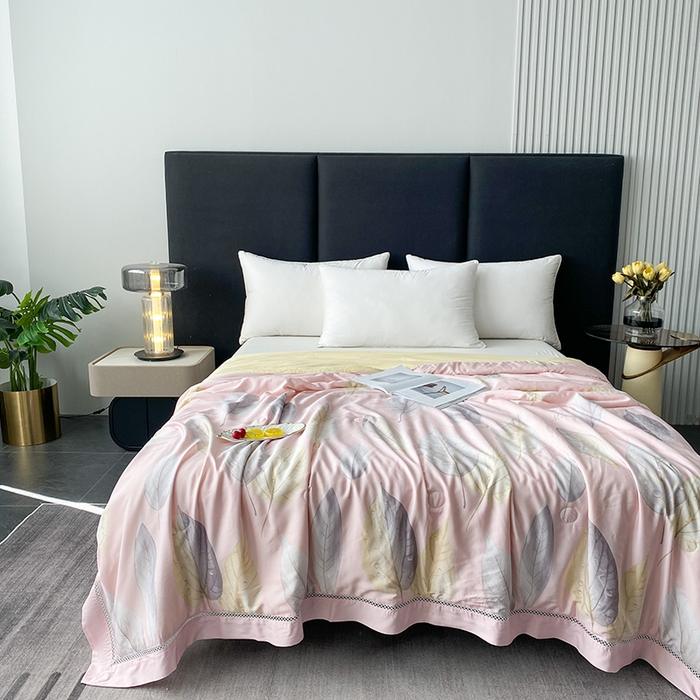 91家纺网 家纺一手货源 找家纺 太阳羽家纺 2026新款铂金莱赛尔天丝印花夏凉被镂空花边空调被夏被 玲珑叶