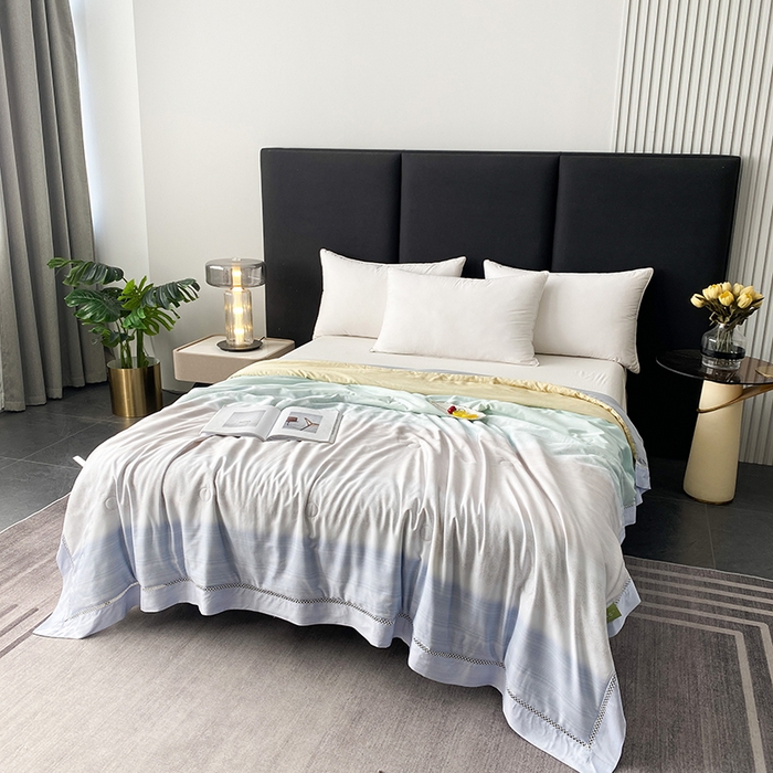 91家纺网 家纺一手货源 找家纺 太阳羽家纺 2026新款铂金莱赛尔天丝印花夏凉被镂空花边空调被夏被 可夏