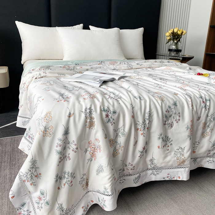 91家纺网 家纺一手货源 找家纺 太阳羽家纺 2026新款铂金莱赛尔天丝印花夏凉被镂空花边空调被夏被 棉朵