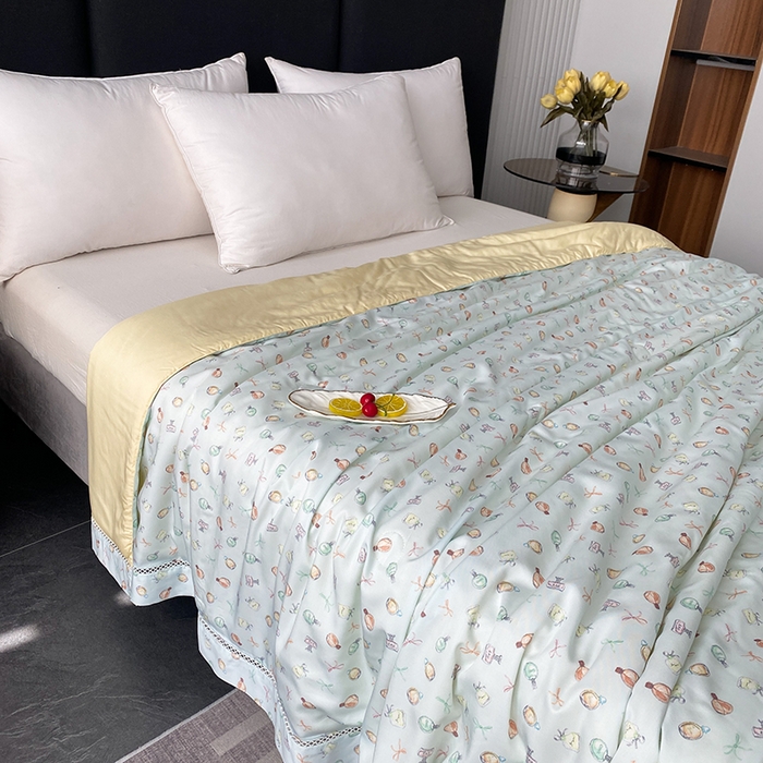 91家纺网 家纺一手货源 找家纺 太阳羽家纺 2026新款铂金莱赛尔天丝印花夏凉被镂空花边空调被夏被 夕颜若雪