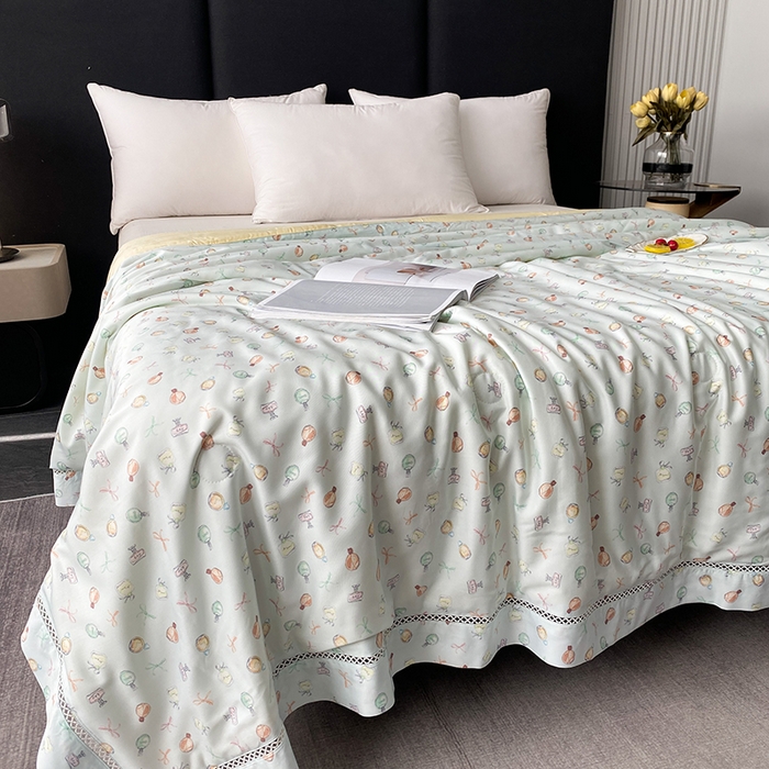 91家纺网 家纺一手货源 找家纺 太阳羽家纺 2026新款铂金莱赛尔天丝印花夏凉被镂空花边空调被夏被 夕颜若雪