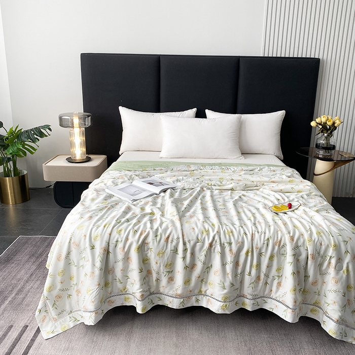 91家纺网 家纺一手货源 找家纺 太阳羽家纺 2026新款铂金莱赛尔天丝印花夏凉被镂空花边空调被夏被 伊甸园