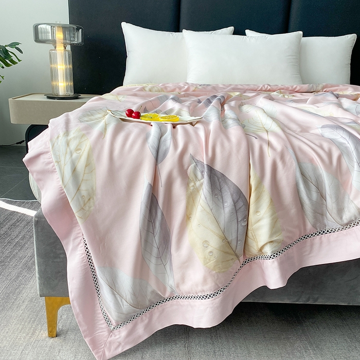 91家纺网 家纺一手货源 找家纺 太阳羽家纺 2026新款铂金莱赛尔天丝印花夏凉被镂空花边空调被夏被 玲珑叶