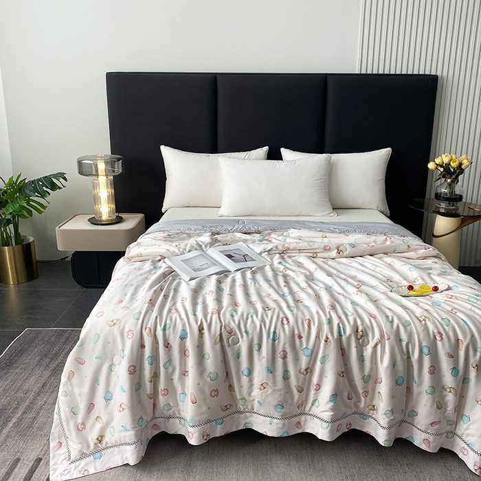 91家纺网 家纺一手货源 找家纺 太阳羽家纺 2026新款铂金莱赛尔天丝印花夏凉被镂空花边空调被夏被 晚香