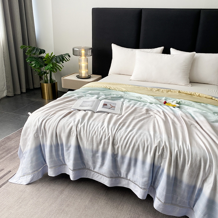 91家纺网 家纺一手货源 找家纺 太阳羽家纺 2026新款铂金莱赛尔天丝印花夏凉被镂空花边空调被夏被 可夏