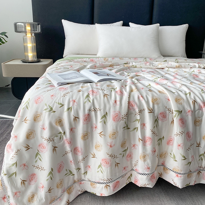 91家纺网 家纺一手货源 找家纺 太阳羽家纺 2026新款铂金莱赛尔天丝印花夏凉被镂空花边空调被夏被 西野