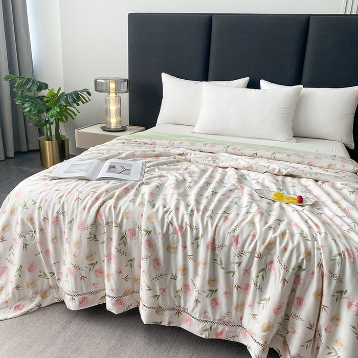 91家纺网 家纺一手货源 找家纺 太阳羽家纺 2026新款铂金莱赛尔天丝印花夏凉被镂空花边空调被夏被 西野