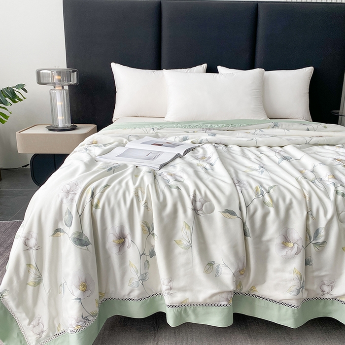 91家纺网 家纺一手货源 找家纺 太阳羽家纺 2026新款铂金莱赛尔天丝印花夏凉被镂空花边空调被夏被 艾美