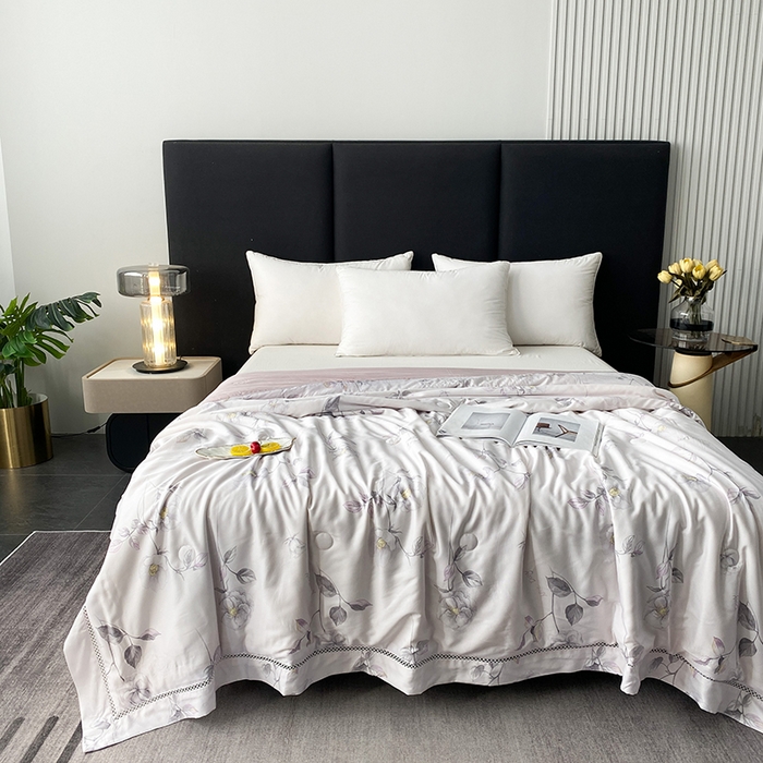 91家纺网 家纺一手货源 找家纺 太阳羽家纺 2026新款铂金莱赛尔天丝印花夏凉被镂空花边空调被夏被 曼歌雅韵