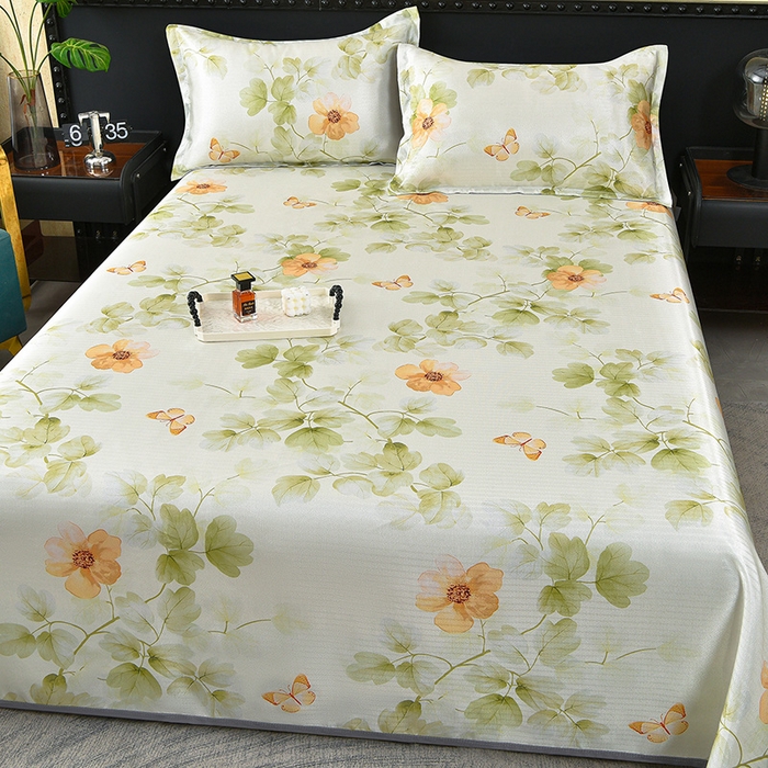 91家纺网 家纺一手货源 找家纺 念家居 2026新款轻奢可机洗水洗床单款高密大版斜纹冰丝凉席三件套 浅绿碎花