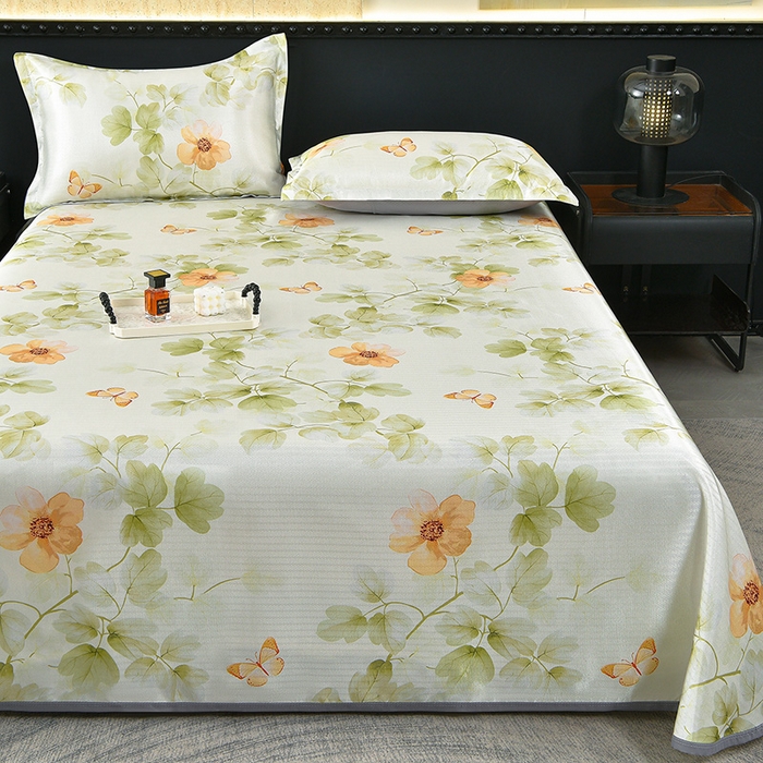 91家纺网 家纺一手货源 找家纺 念家居 2026新款轻奢可机洗水洗床单款高密大版斜纹冰丝凉席三件套 浅绿碎花