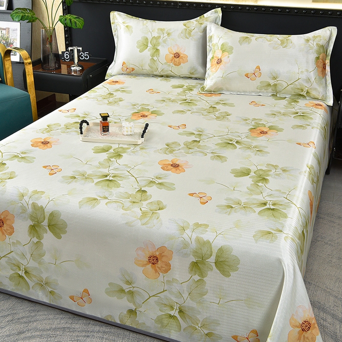 91家纺网 家纺一手货源 找家纺 念家居 2026新款轻奢可机洗水洗床单款高密大版斜纹冰丝凉席三件套 浅绿碎花