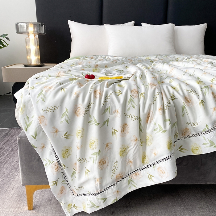 91家纺网 家纺一手货源 找家纺 太阳羽家纺 2026新款铂金莱赛尔天丝印花夏凉被镂空花边空调被夏被 伊甸园