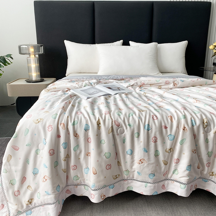 91家纺网 家纺一手货源 找家纺 太阳羽家纺 2026新款铂金莱赛尔天丝印花夏凉被镂空花边空调被夏被 晚香