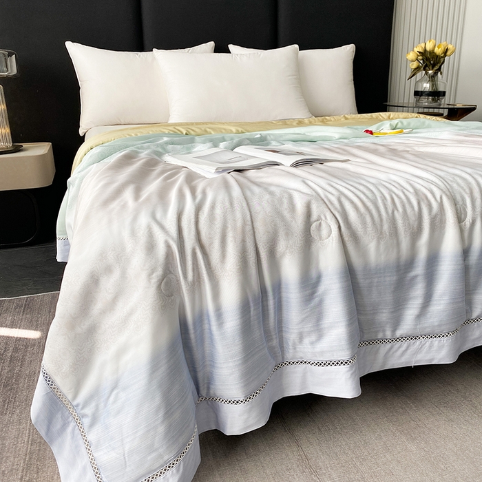 91家纺网 家纺一手货源 找家纺 太阳羽家纺 2026新款铂金莱赛尔天丝印花夏凉被镂空花边空调被夏被 可夏