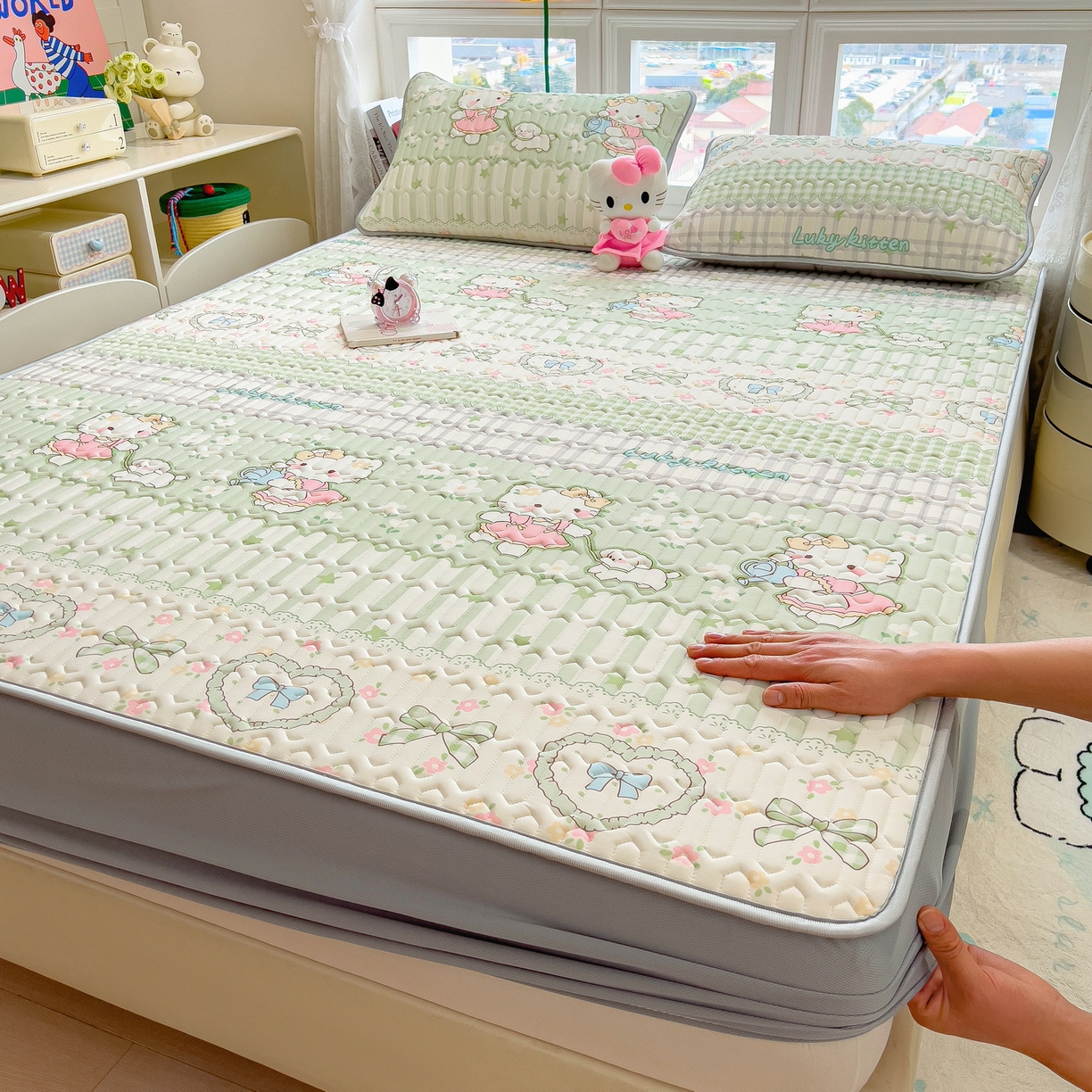 丝羽坊 2026新款高密凉感丝印花乳胶凉席-床笠款 薄荷甜心